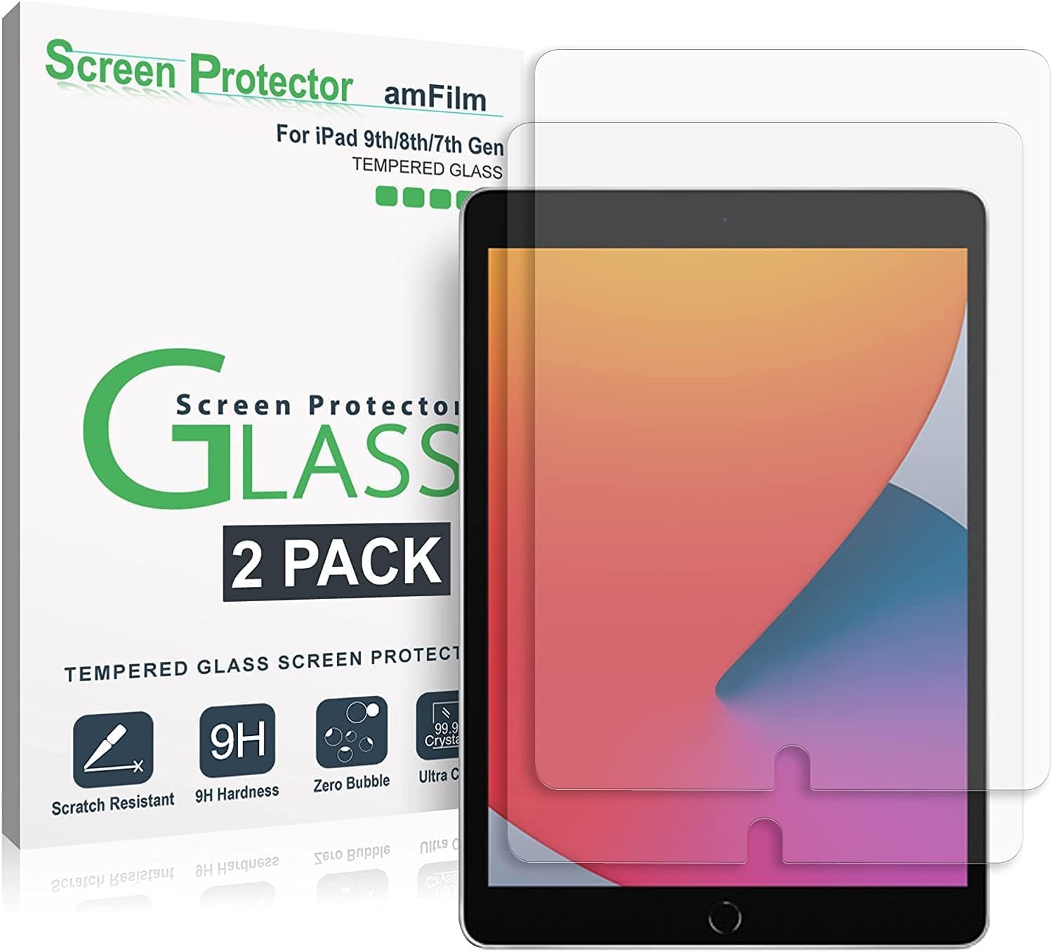 amFilm Tempered Glass Screen Protector for iPad 9 / iPad 8 / iPad 7 (10.2-inch) - Apple Pencil Compatible, 2-Pack