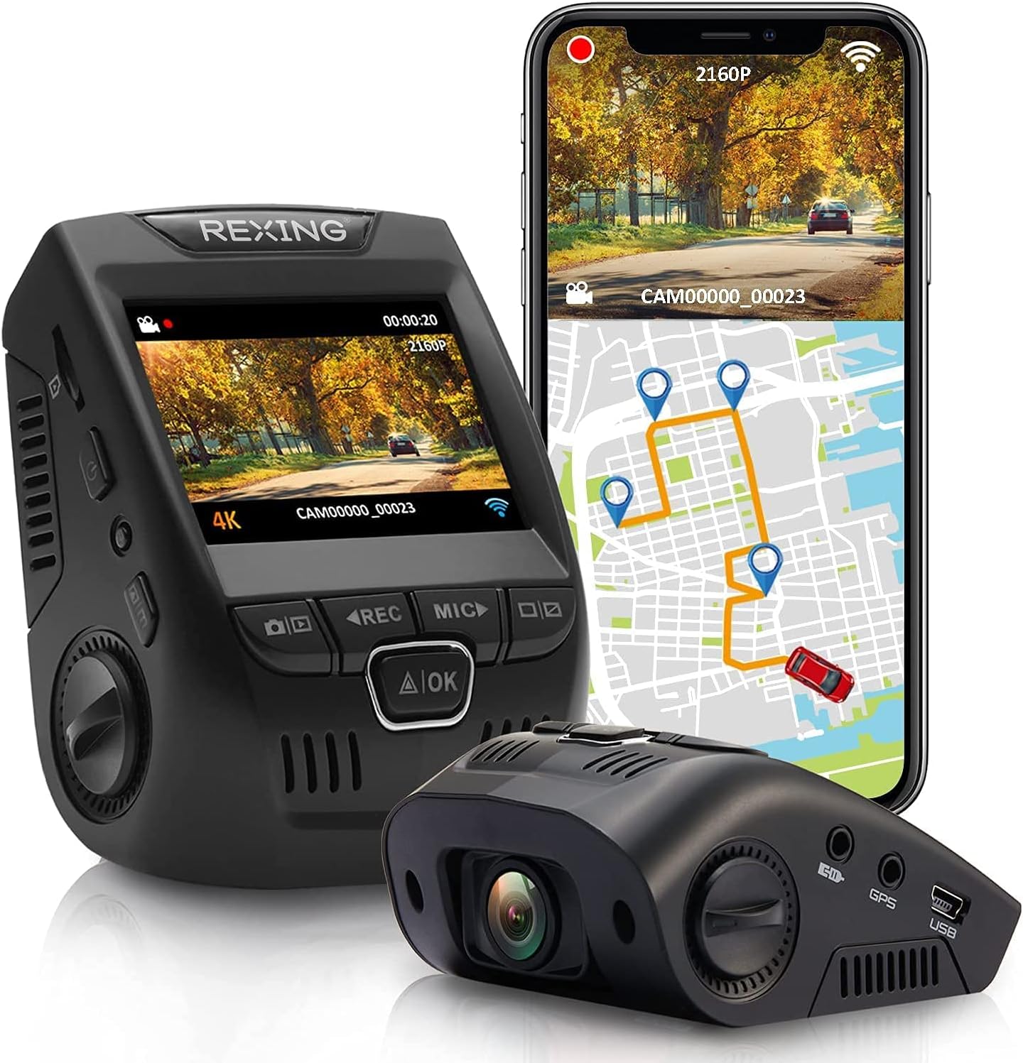 Rexing V1 3rd Gen 4K UHD Wi-Fi Dash Cam — 2.4" LCD, 170° Wide Angle, 32GB Card, G-Sensor, WDR, Loop Recording