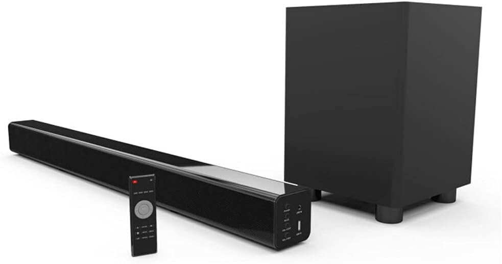 Laser Soundbar with Wireless Subwoofer – 2.1ch Home Audio System, Bluetooth, Optical, AUX, USB, LCD Display, FM Radio, Remote Control, Wall-Mountable, Stereo TV Speaker
