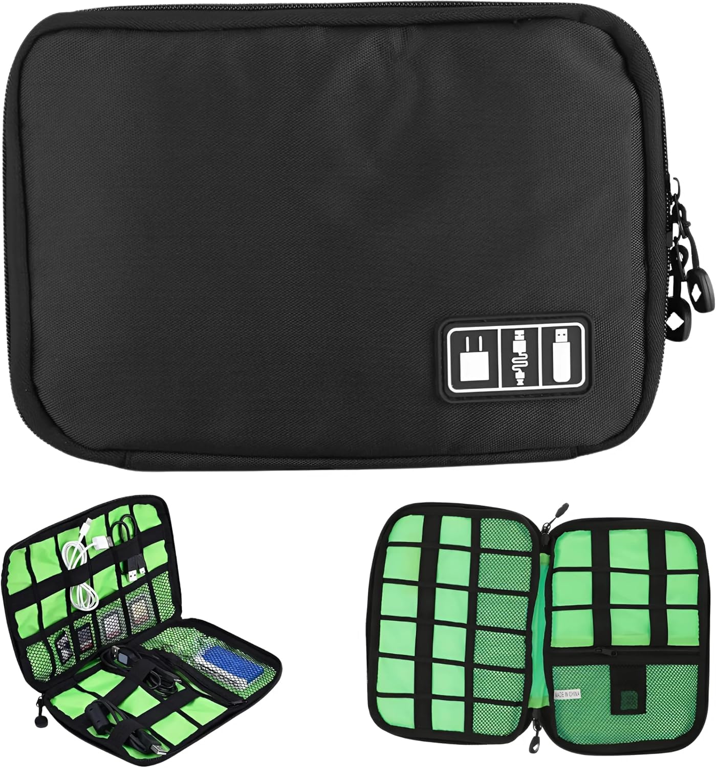 Universal Cable Organizer Electronics Accessories Case Various USB, Phone, Charger, Cable Organizer Travel Organizer Cosmetic Bag- Double Layer Black, Blue, Green (Black)
