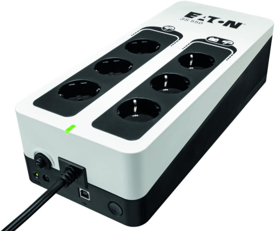 Eaton 3S 550 DIN - 3S550D - Uninterruptible Power Supply (UPS) - 550 VA with Surge Protection (6 DIN Outputs, Surge Protection, Silencer) - White & Black