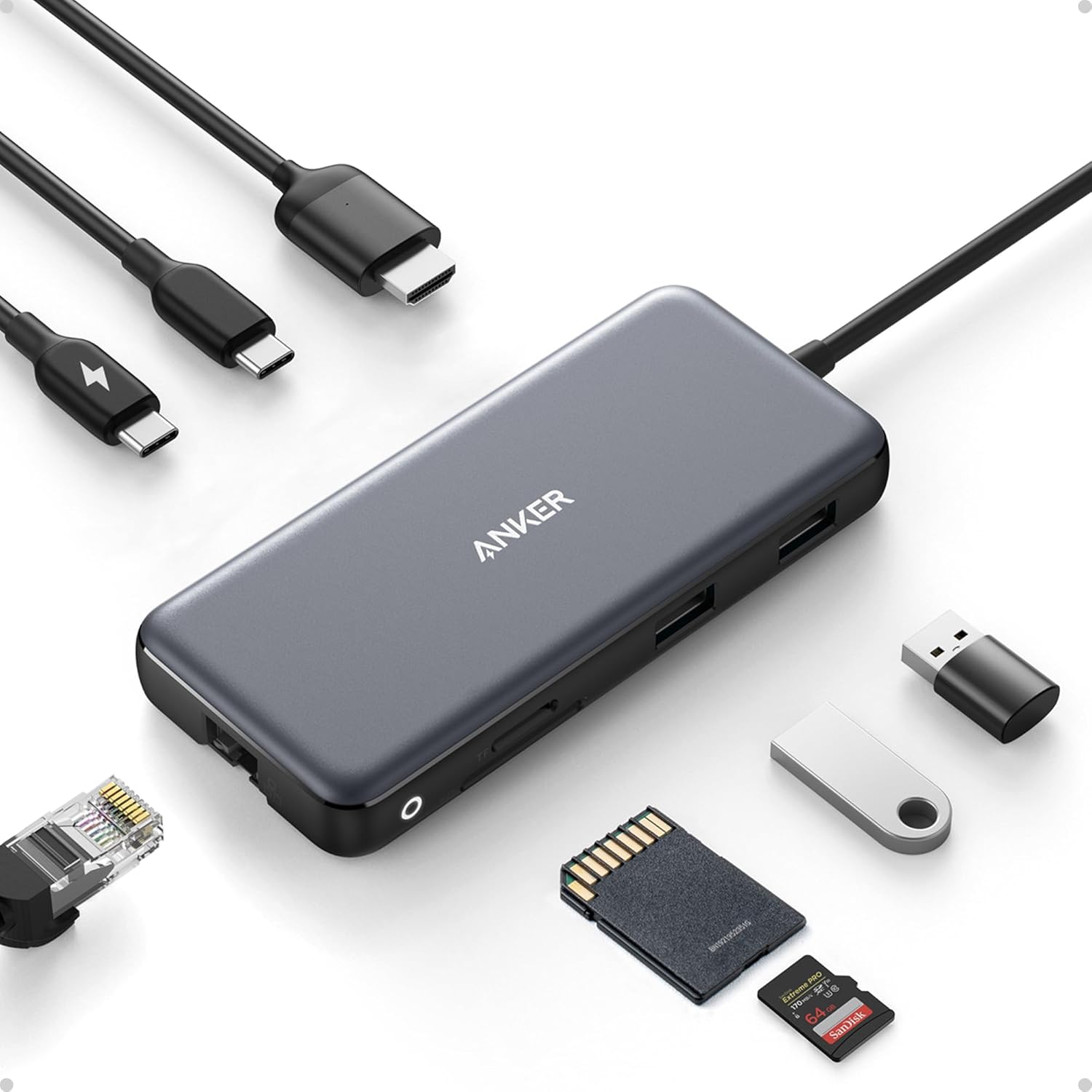 Anker 555 USB-C Hub (8-in-1), with 100W Power Delivery, 4K 60Hz HDMI Port, 10Gbps USB C and 2 A Data Ports, Ethernet microSD SD Card Reader, for MacBook Pro More