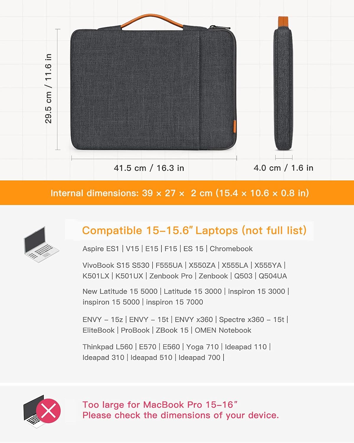 Inateck 360-Degree Shockproof Laptop Case Sleeve 15-15.6 Inch - Carrying Briefcase for Chromebook, Ultrabook