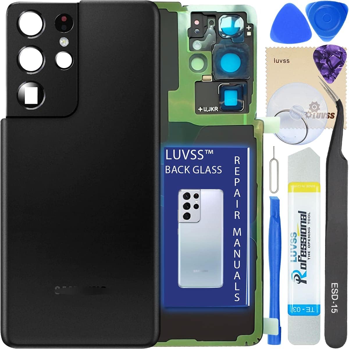 LUVSS Replacement Back Glass for Samsung Galaxy S21 Ultra 5G SM-G998 Rear Glass Panel Cover Housing Door + Pre-Installed Camera Lens + Opening Tools Kit (Phantom Black)