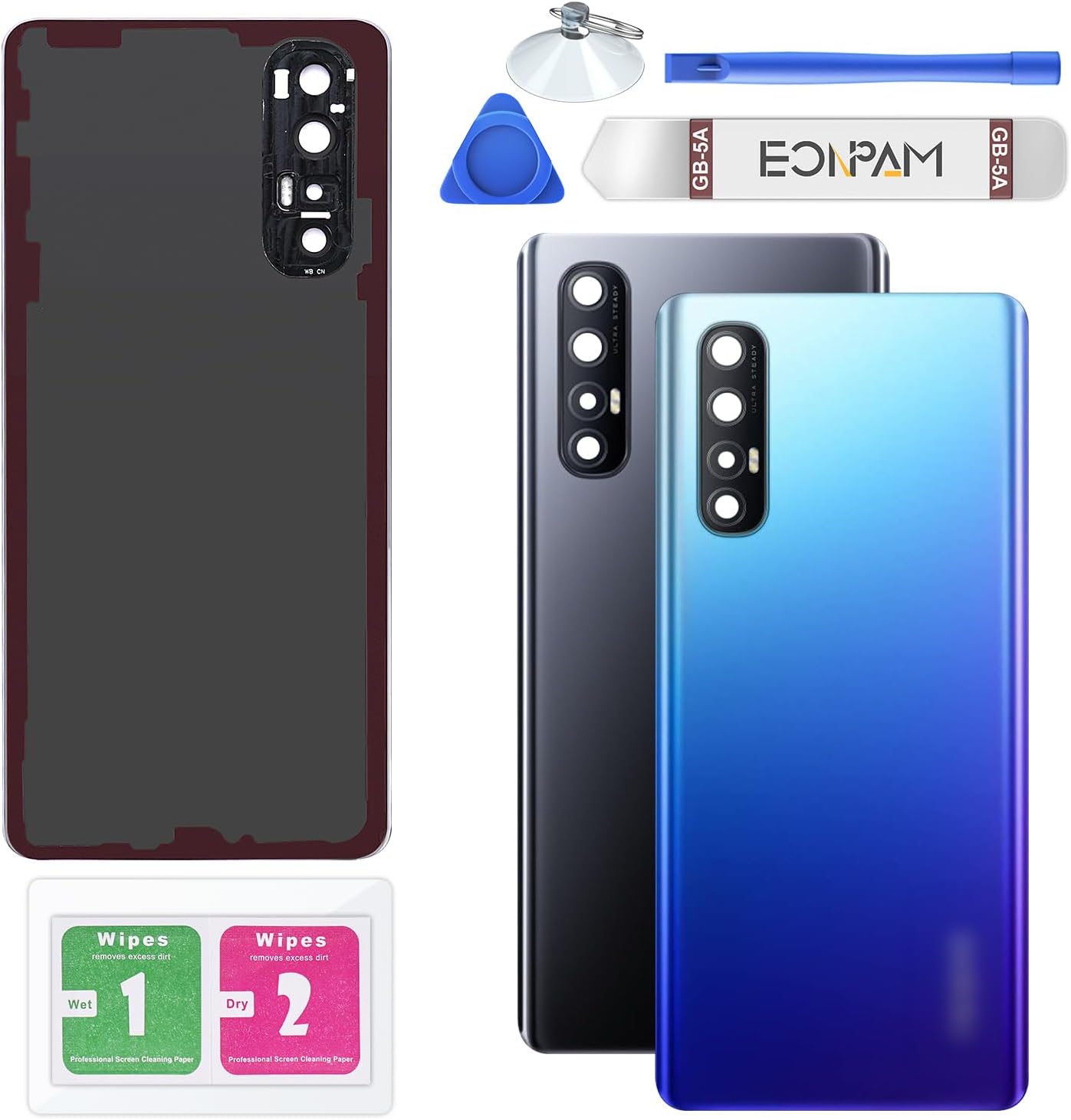 Battery Compartment Cover Back Glass Replacement for (Oppo Find X2 Neo / Reno3 Pro 5G) Repair Kit Original Battery Cover Replacement Back Shell (Blue)