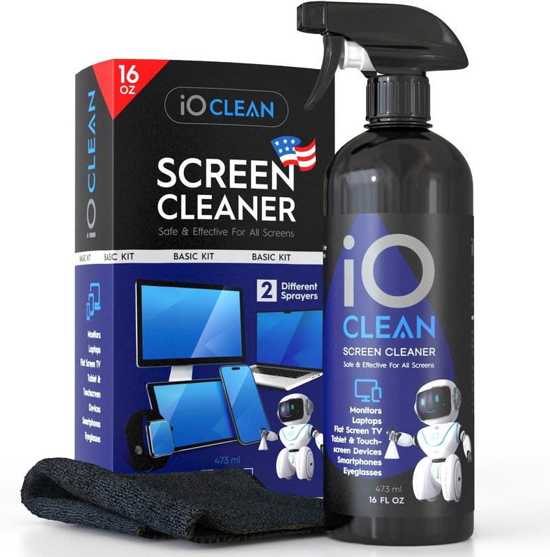 iO Clean Screen Cleaner Spray (16oz - 473ml) Best Large Cleaning Kit for LCD LED OLED TV, Smartphone, iPad, Laptop, Touchscreen, Computer Monitor, Other Electronic Devices, Microfiber Cloth Wipes