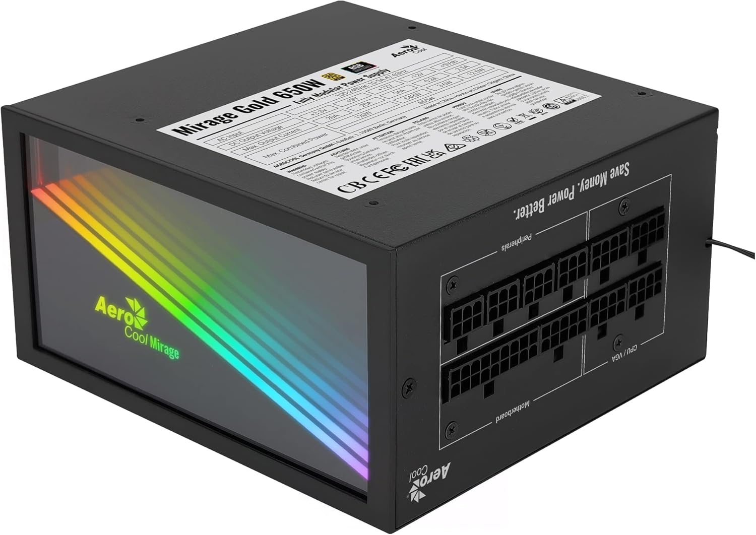 Aerocool MIRAGEGOLD 650W Modular PC Power Supply RGB, 80 Plus Gold, Japanese Capacitors