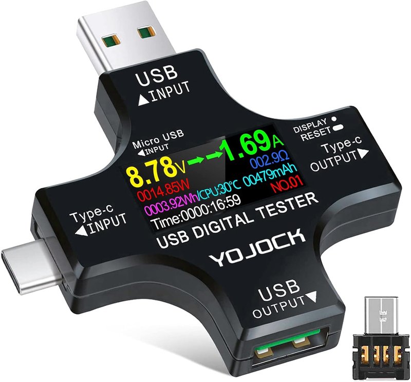 YOJOCK USB C Tester Power Meter 2 in 1 Digital Multimeter 3.6-32V 0-5.1A Voltmeter Ammeter Current Voltage Tester with OTG Connector