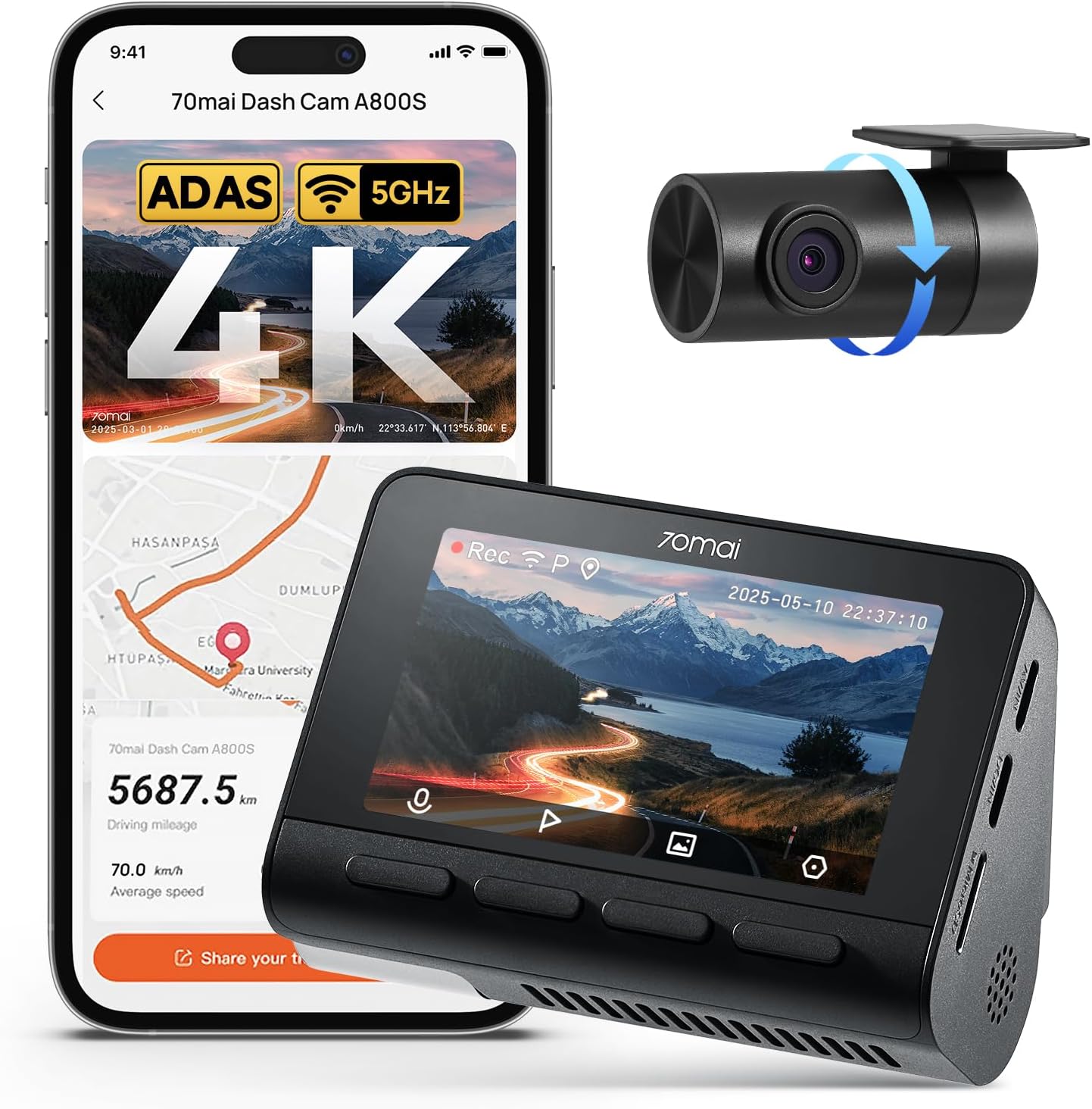 70mai Dash Cam A800S 4K — Front & Rear, Sony IMX415, Built-in GPS, 3" IPS Screen, ADAS, 24H Parking Mode
