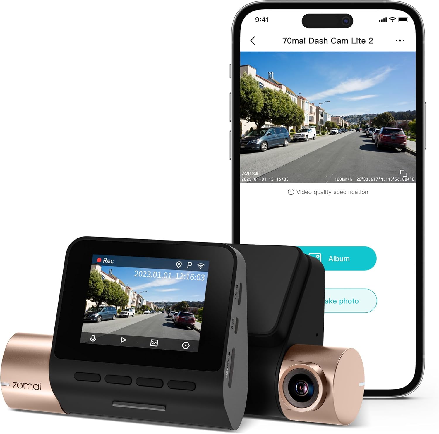 70mai Dash Cam Lite 2 — 1080P Full HD, Superior Night Vision, WDR, Parking Mode, Optional GPS, iOS/Android App