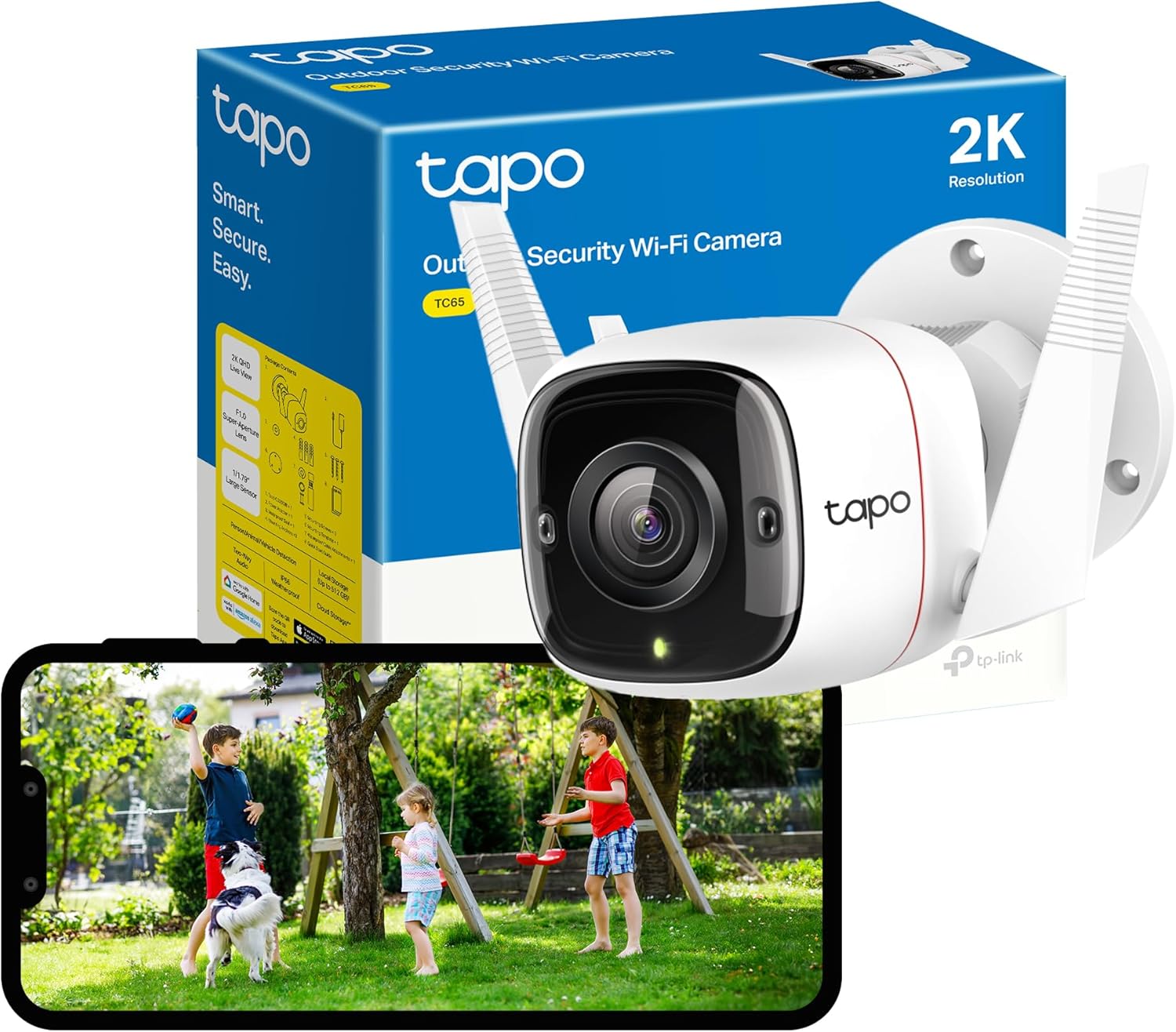 TP-Link Tapo Outdoor Security Camera, Weatherproof, No Hub Required, Compatible with Alexa & Google Home, 3MP Ultra-High Definition, Automatic Siren, 2-Way Audio, SD Storage (TC65), White (UK Version)