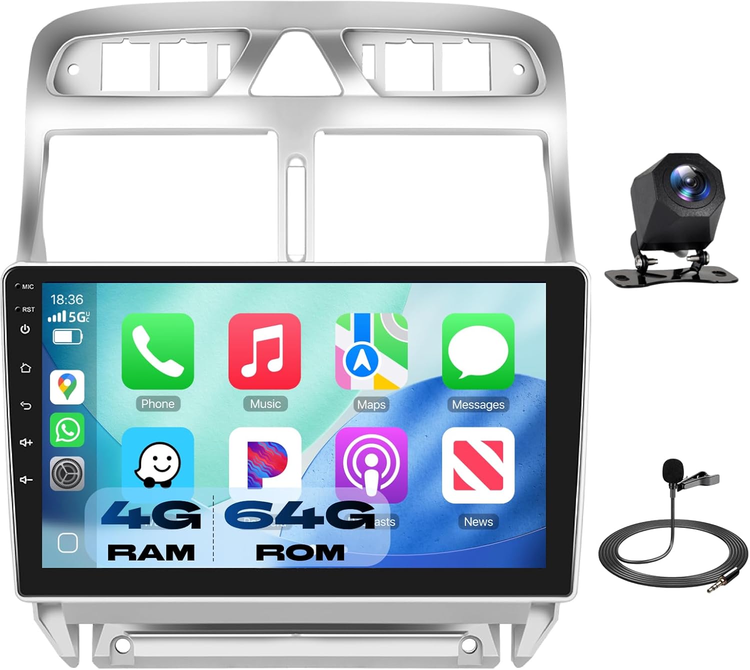 Podofo Carplay Android Car Radio for Peugeot 307 2002-2013, 2G+64G, 9 Inch Touchscreen HiFi Android Car GPS WiFi Bluetooth FM RDS Radio USB Car Stereo Player for Peugeot307