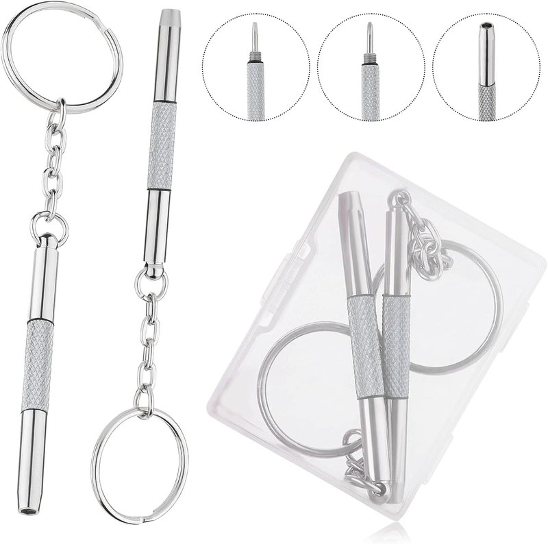 2Pcs Tiny Eyeglass Screwdriver Repair Kit-Mini 3 in 1 Precision Glass Screwdrivers Set, Tiny Eyeglass Screwdriver Keychain Mini Screwdriver Silver for Eyeglass,Watch, Jewelry (Phillips,Hex,Flat Head)