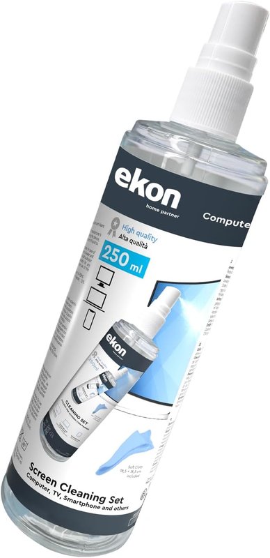 Ekon Spray per Schermi Display con Panno in Microfibra, 250ml, Kit Pulizia per Monitor, Laptop, Fotocamere, Videocamere, MacBook, TV, Smart TV, Smartphone, Tablet