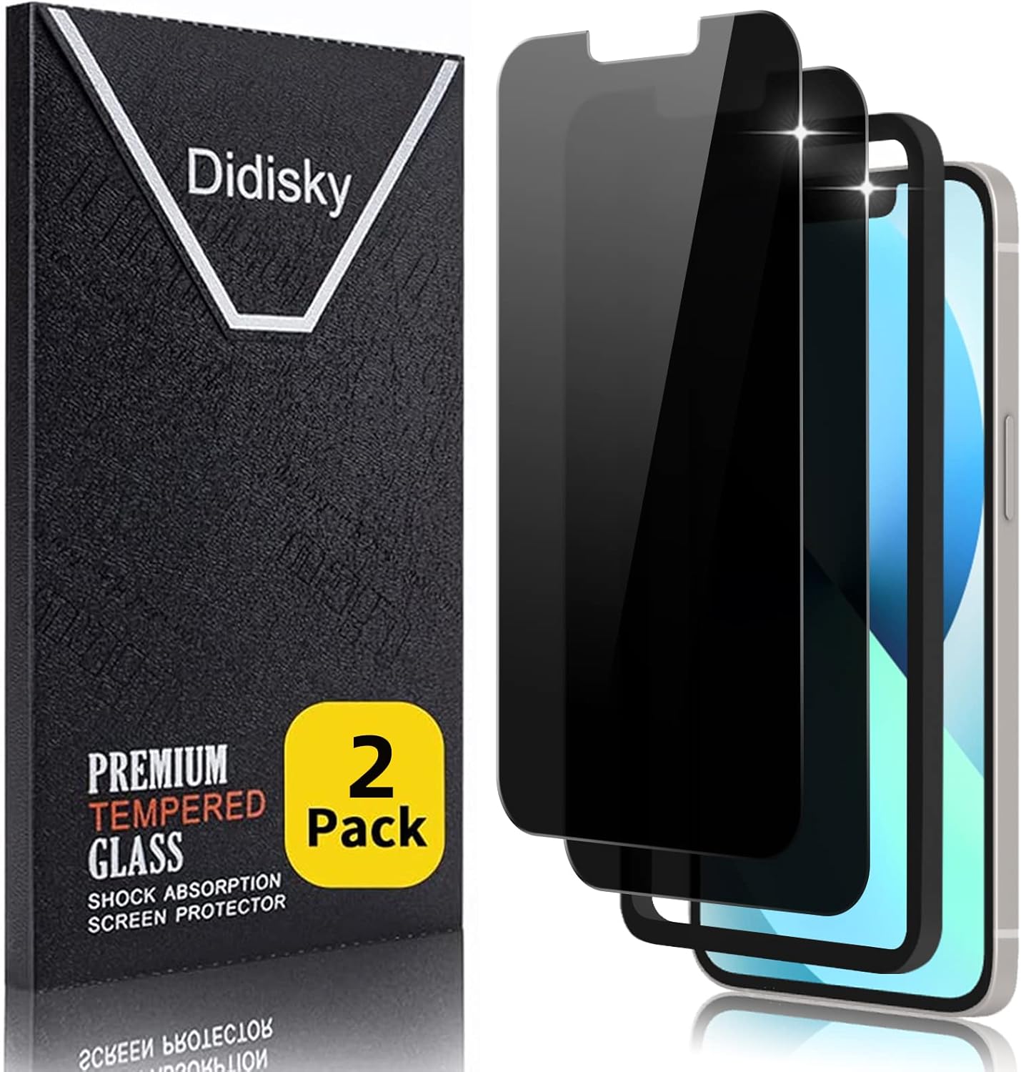 Didisky 2 Pack Privacy Tempered Glass Screen Protector for iPhone 13, 14, 13 Pro 6.1" with Installation Tool, Anti-Spy, Easy to Install, 9H Hardness, No Bubbles