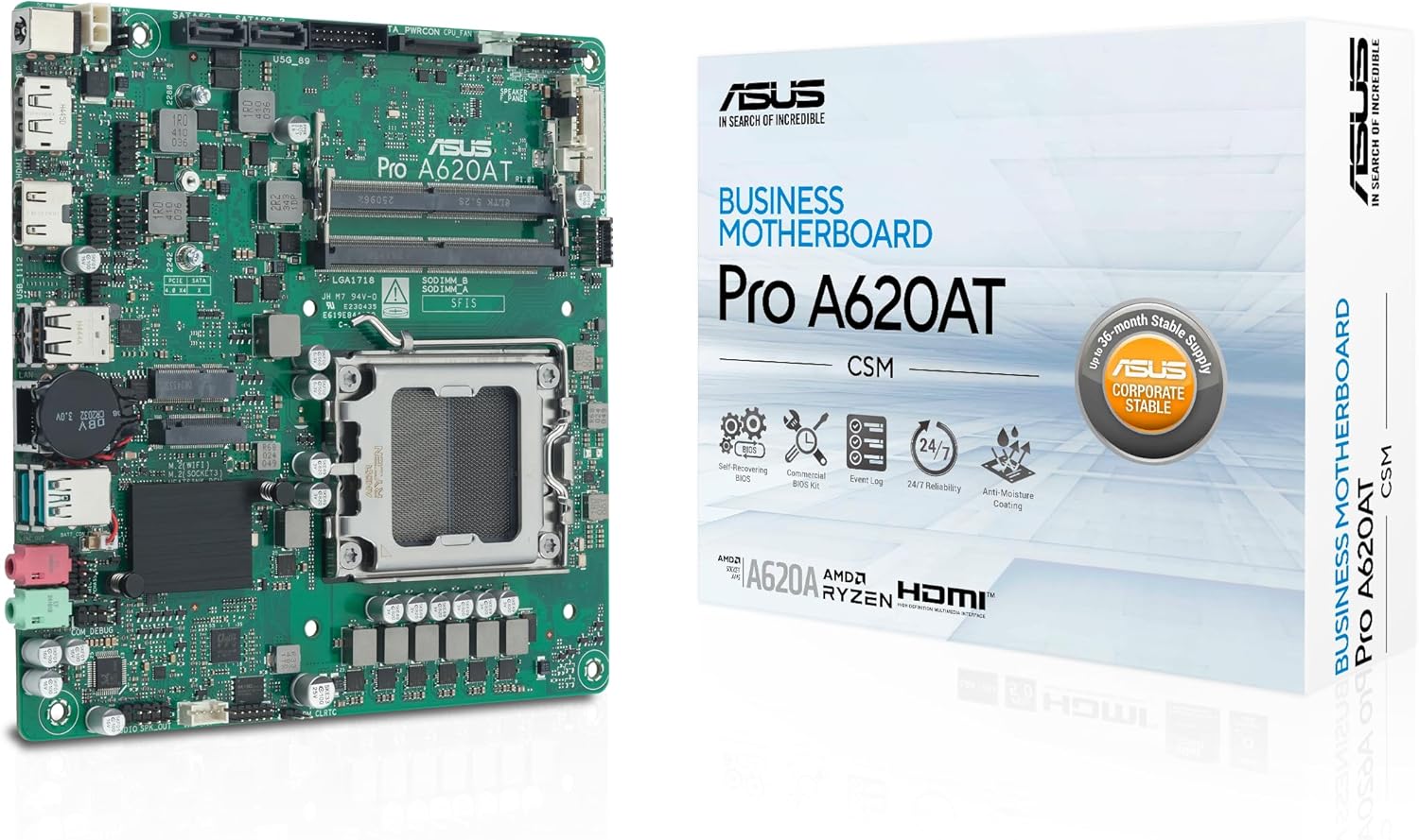 ASUS PRO A620AT-CSM Business Motherboard Socket AMD AM5 (Thin Mini-ITX, PCIe 4.0 M.2, DDR5 SO-DIMM, Q-LED Core, COM Debug Header, Control Center Express)