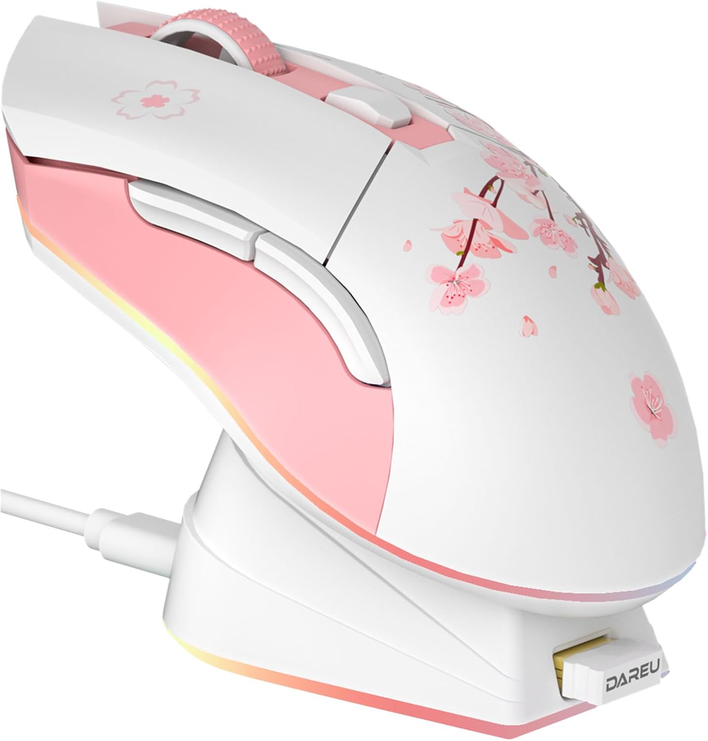 DAREU Sakura Pink Wireless Gaming Mouse with Charging Dock Rechargeable RGB, 12K DPI, 7 Programmable Buttons High Precision Sensor [300 IPS][1000Hz] for PC Notebook Mac Mac