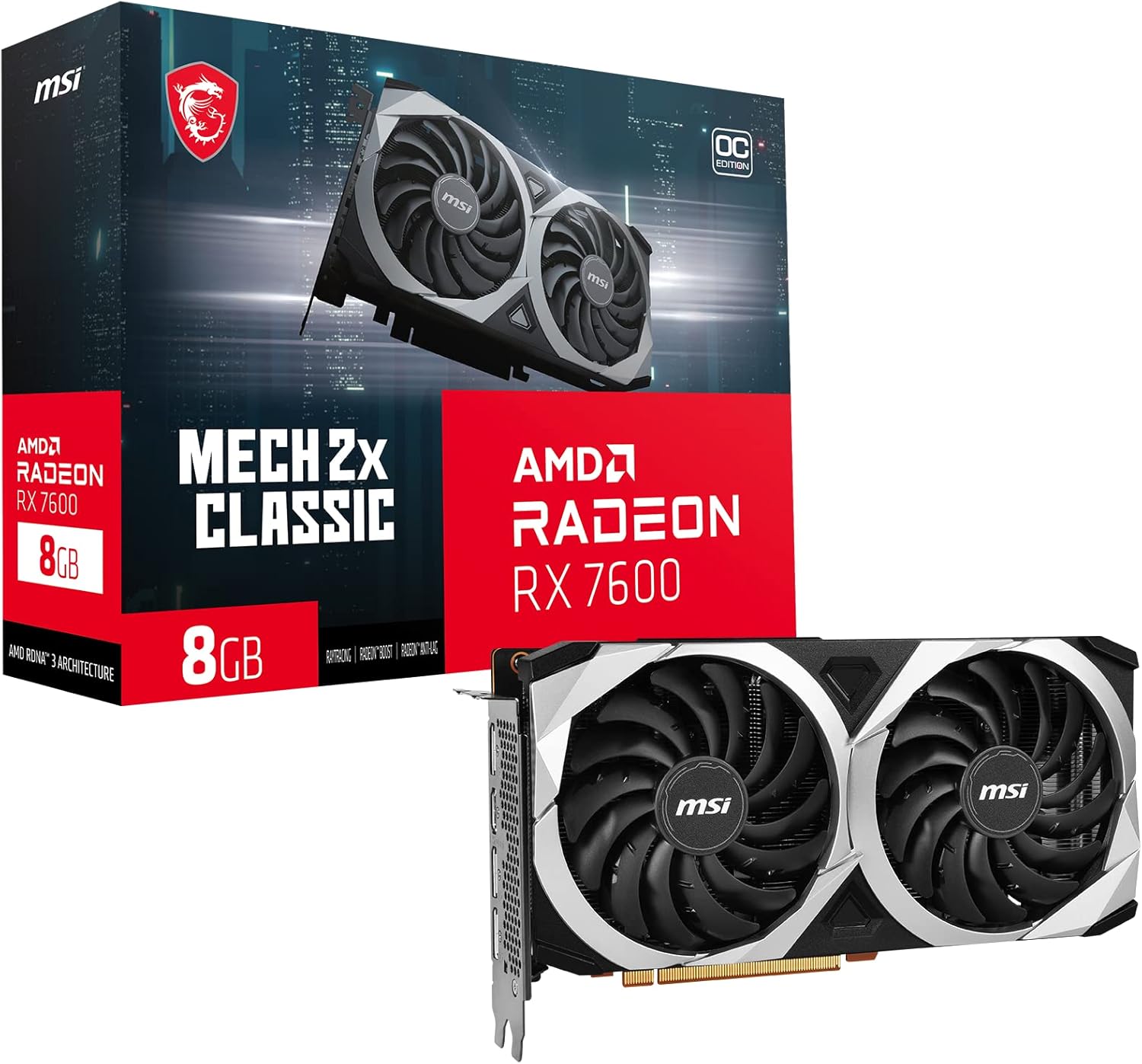 MSI Radeon RX 7600 MECH 2X Classic 8G OC Graphics Card — 8GB GDDR6 128-bit, PCIe 4.0, Dual Torx Fans, FreeSync, HDMI, DisplayPort