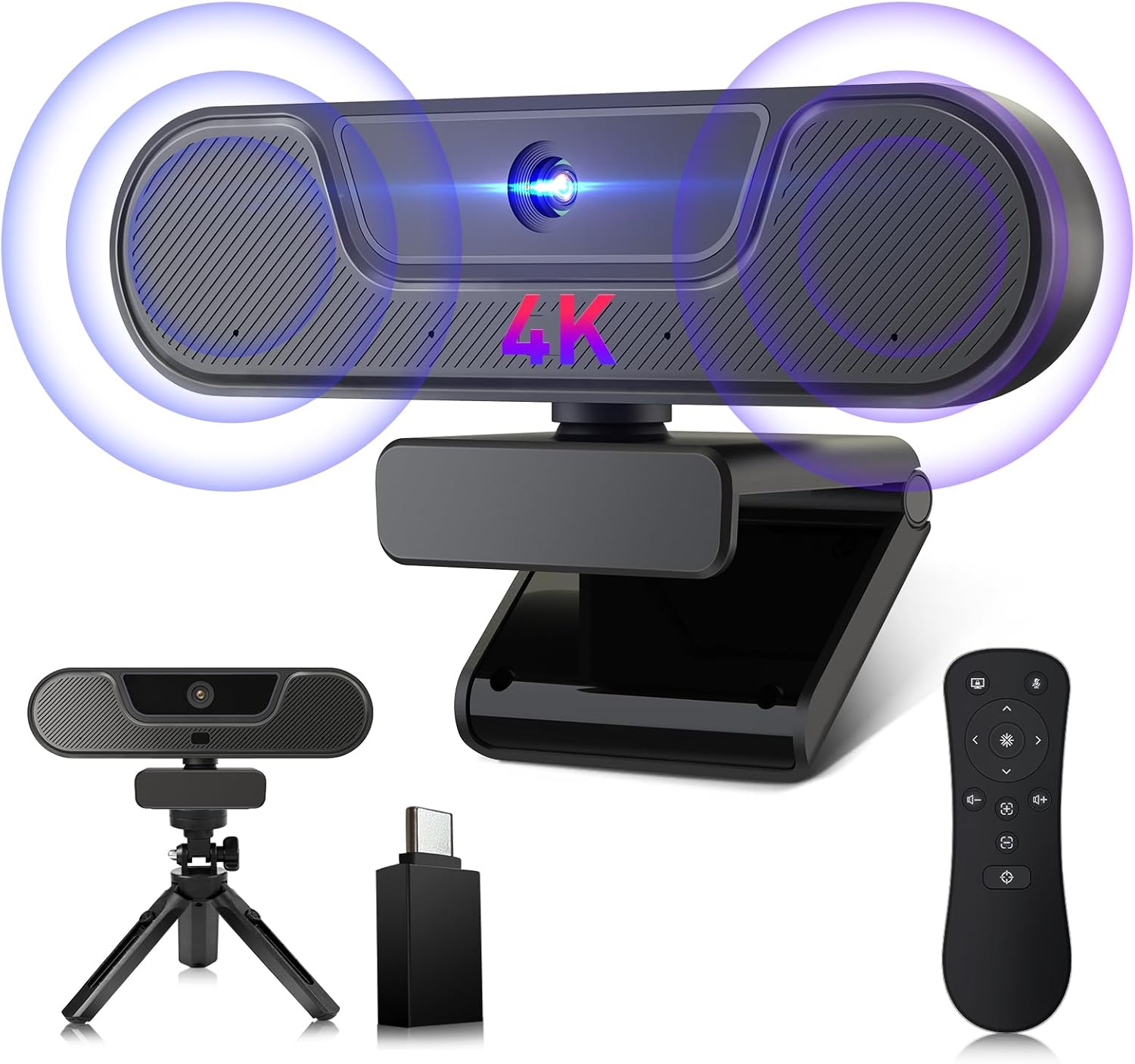 V20 4K Webcam with Microphone and Speaker, Remote Control, Digital Zoom, 112° Field of View, Auto Focus, Plug & Play, UHD Streaming PC Webcam with Cover and Tripod for Video Calling and
