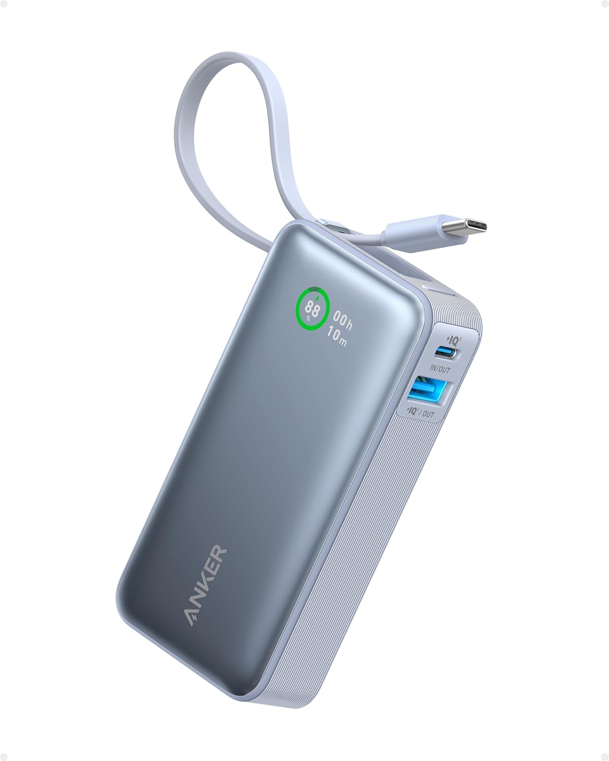 Anker Nano Power Bank 10,000mAh with Built-in USB-C Cable - 30W, Ice Lake Blue