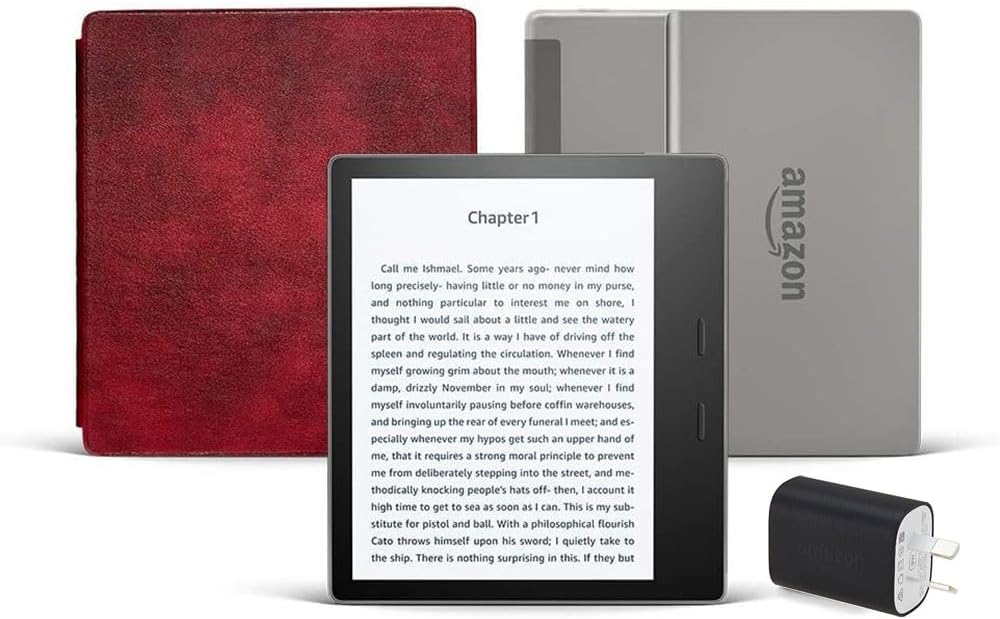 Kindle Oasis Essentials Bundle including Kindle Oasis (32 GB + Free 4G LTE), Amazon Leather Cover - Merlot, and Power Adapter