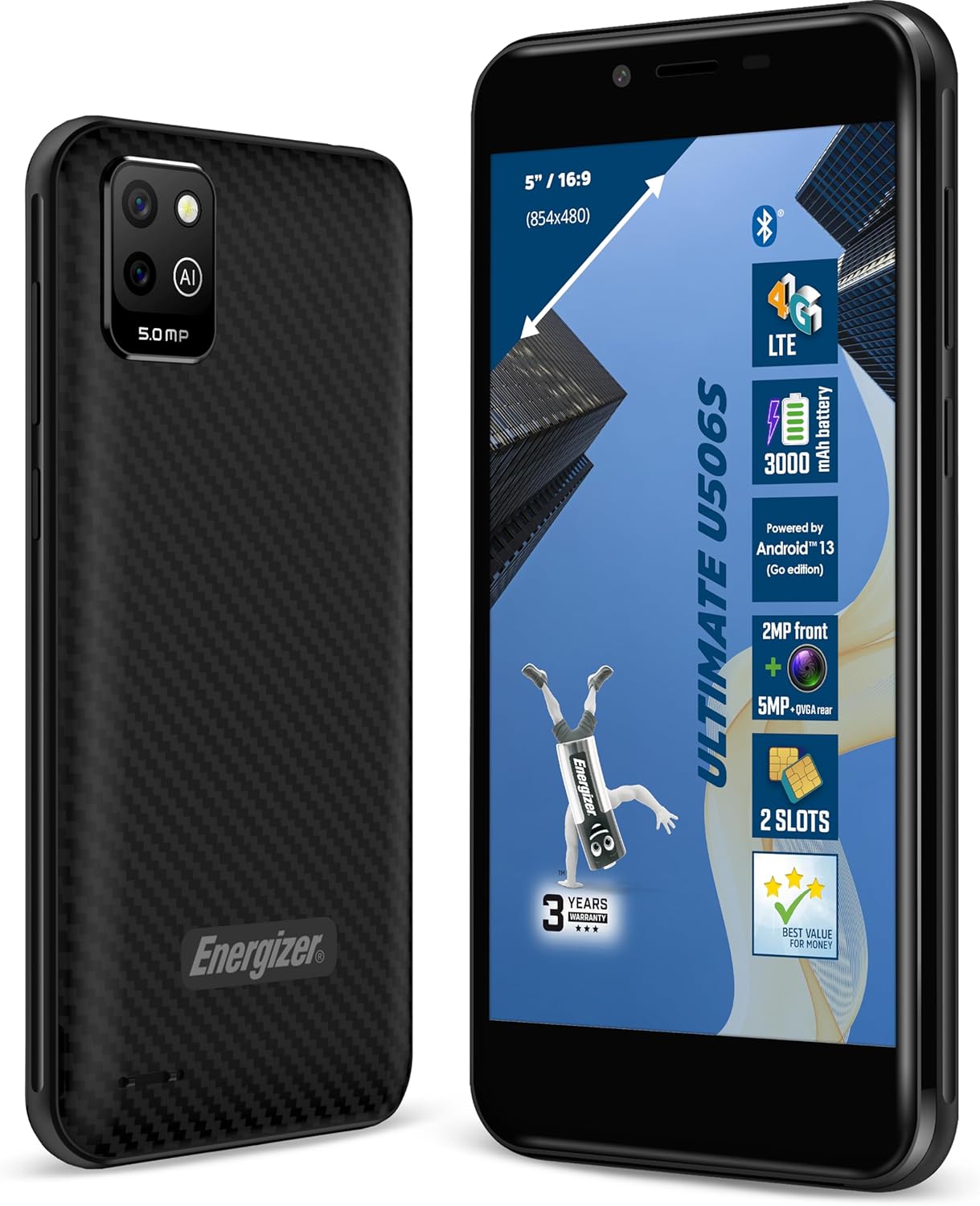 Energizer - Smartphone U506S - Cheap Unlocked 2GB RAM / 32GB ROM - 5" Screen - 3000mAh Battery - 5MP+QVGA Rear Camera / 2MP Front - Android 13GB - Black