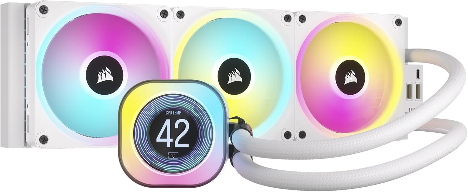 Corsair iCUE Link H150i LCD 360mm AIO Liquid CPU Cooler - QX120 RGB Fans, IPS LCD Screen - White