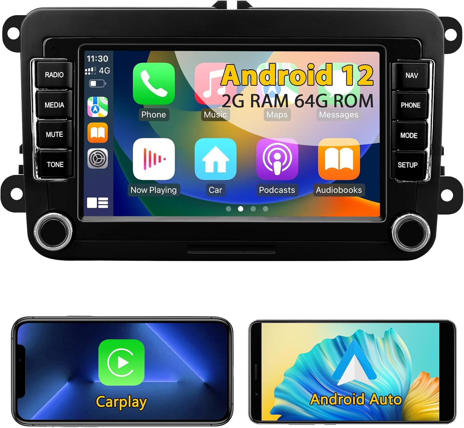 Car Radio with Wireless Carplay Android Car for Volkswagen Beetle Tiguan Passat Golf Polo Jetta Skoda Seat Android 13 7 Inch Car Radio Touchscreen Head Unit with GPS Navigation WiFi Bluetooth FM