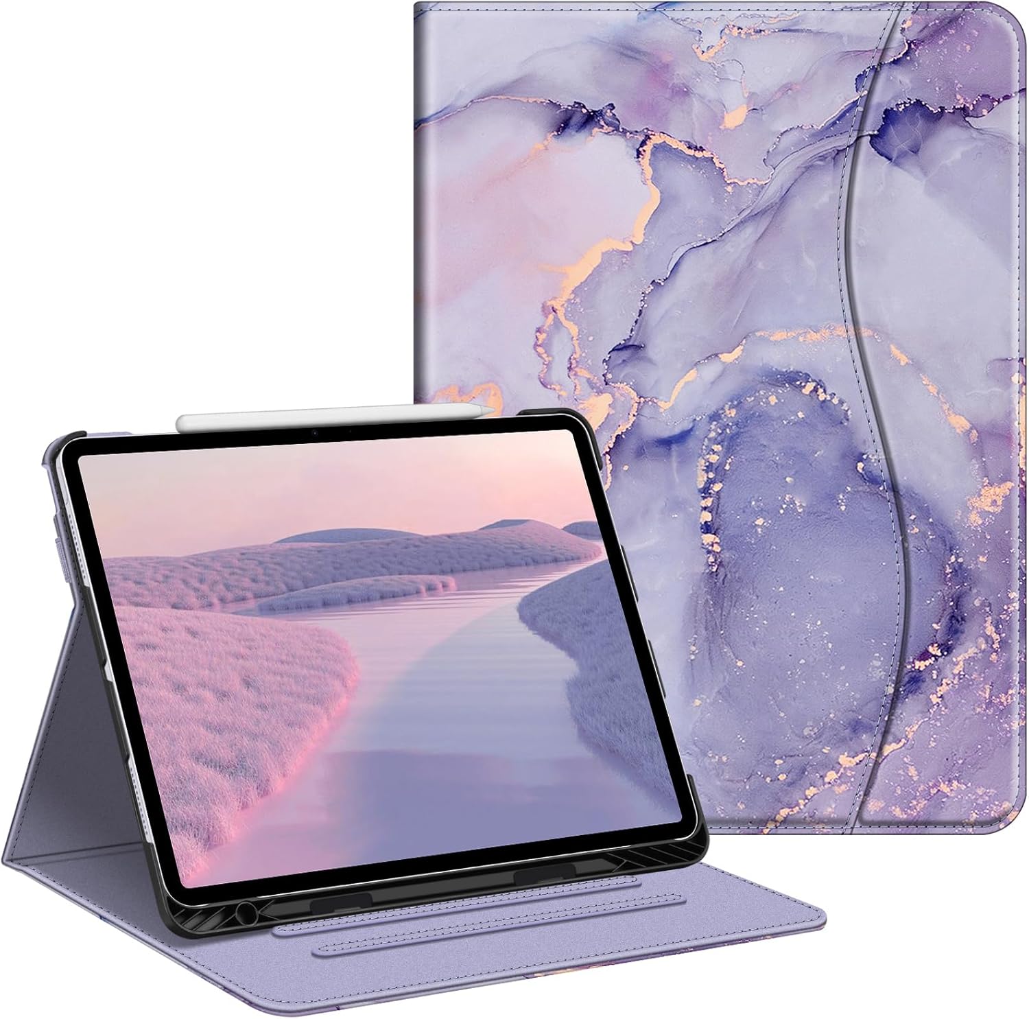 Fintie Folio Case for iPad Air 13-inch (M3) 2025 / (M2) 2024, Multi-Angle Viewing Protective Stand Cover with Pencil Holder & Pocket, Auto Sleep/Wake, Lilac Marble