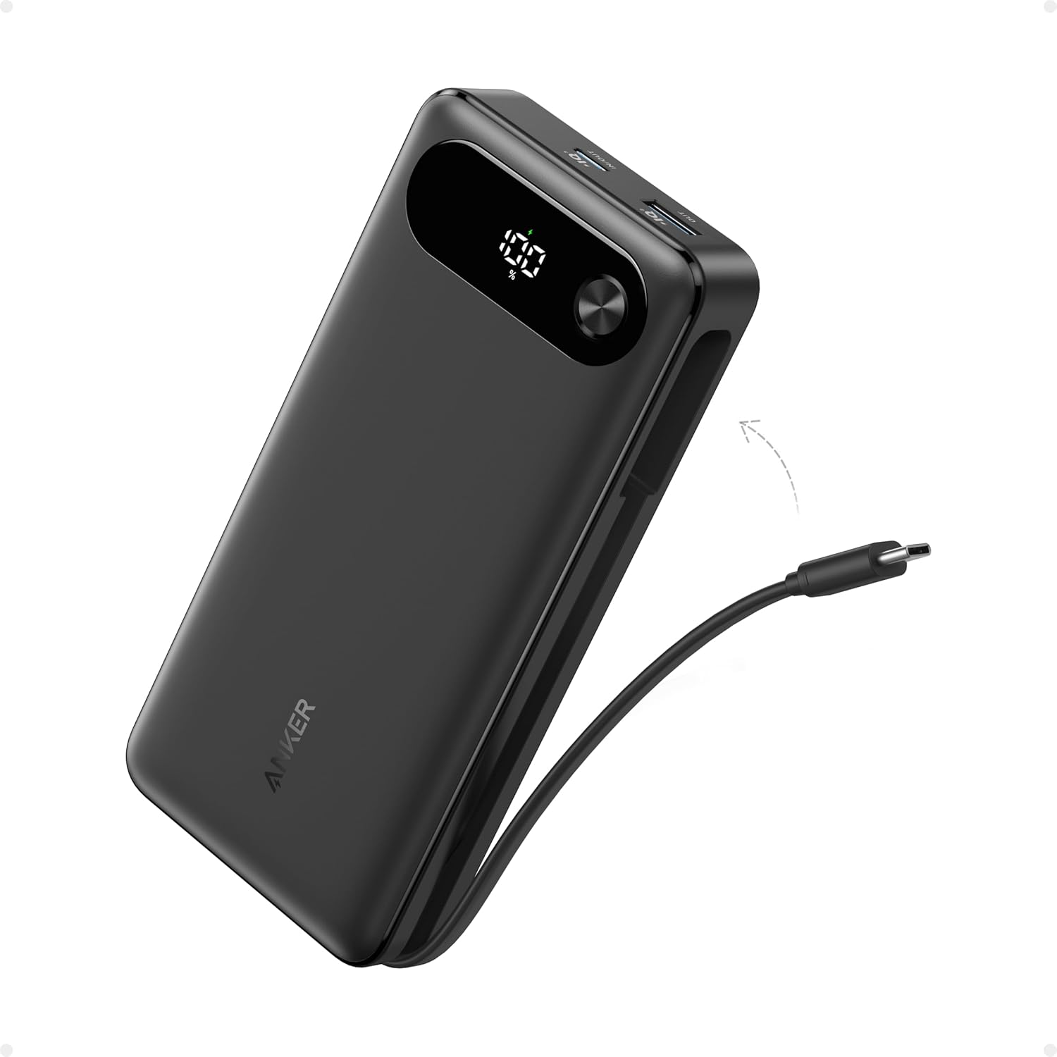 Anker Power Bank 20,000mAh with Built-in USB-C Cable — 87W Max Fast Charging for Laptop & Phone