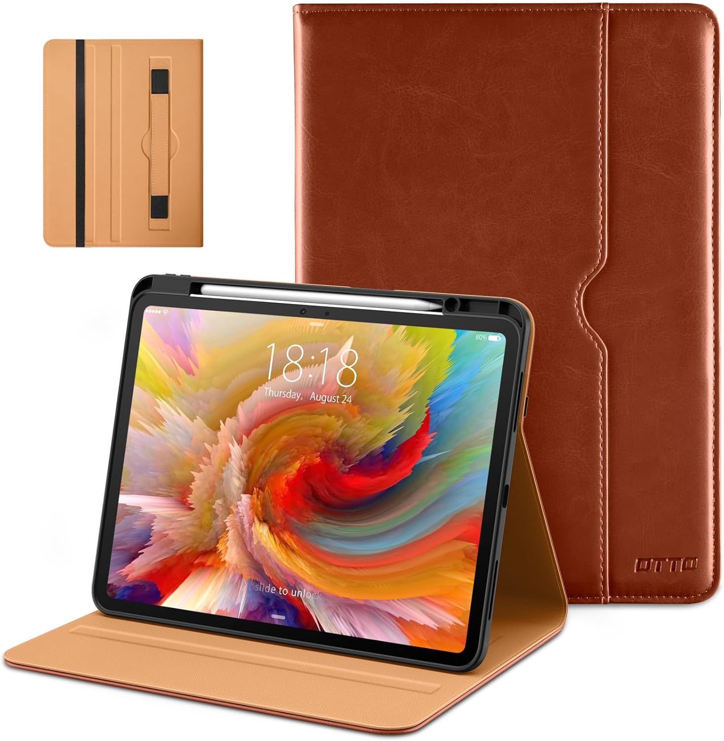 DTTO for iPad Pro 13 inch Case (M4) 2024, Premium Leather Business Folio Stand Cover with Pencil Holder - Auto Wake/Sleep and Multiple Viewing Angles, Built in Hand Strap & Pocket, Brown