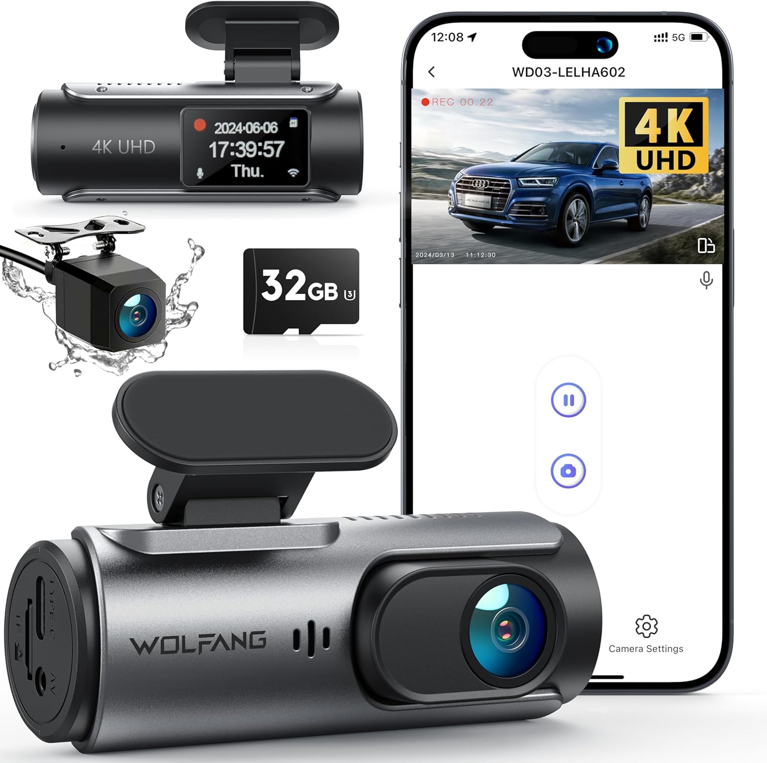 WOLFANG Dash Cam Car Front Rear 4K WiFi Dash Cam with 32GB SD Card, Ultra Night Vision, 170° Wide Angle, WDR, 24 Hours Parking Mode, G-Sensor, Loop Recording
