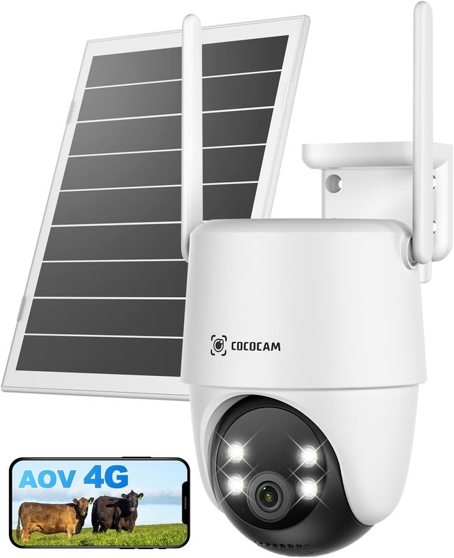 COCOCAM 24/7 Recording AOV 4G LTE No WiFi Security Camera with 15000mAh Battery 8W Solar Panel, 2K PTZ, 30 Meters Night Vision, AI Detection, AI Tracking, IP66, SIM Card Included