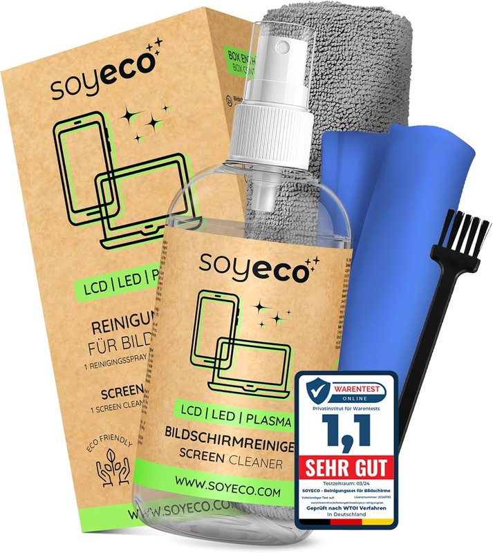 Eco Cleaning Set – Screen Cleaner 250 ml + 2 Microfibre Cloths + Keyboard Brush – for Comprehensive Device Care – Suitable for All Mobile Phones, Laptops and Displays as well as Keyboard, PC,