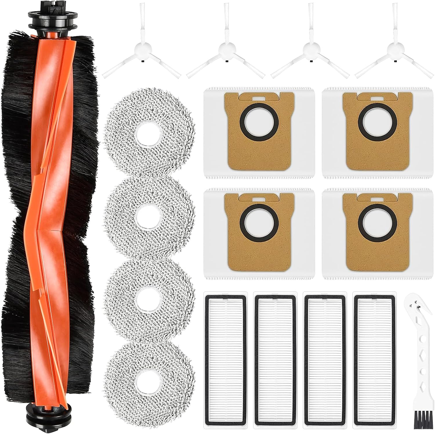 Pack of 18 Accessories for Xiaomi Robot Vacuum X20+ Robot Vacuum Cleaner, 1 Main Brush, 4 Dust Bags, 4 Wipes, 4 Side Brushes, 4 Filters, 1 Cleaning Brush