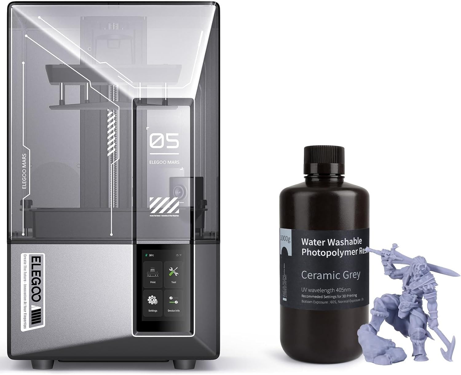 ELEGOO Mars 5 Ultra Resin 3D Printer and Water Washable Resin Ceramic Grey 1000g