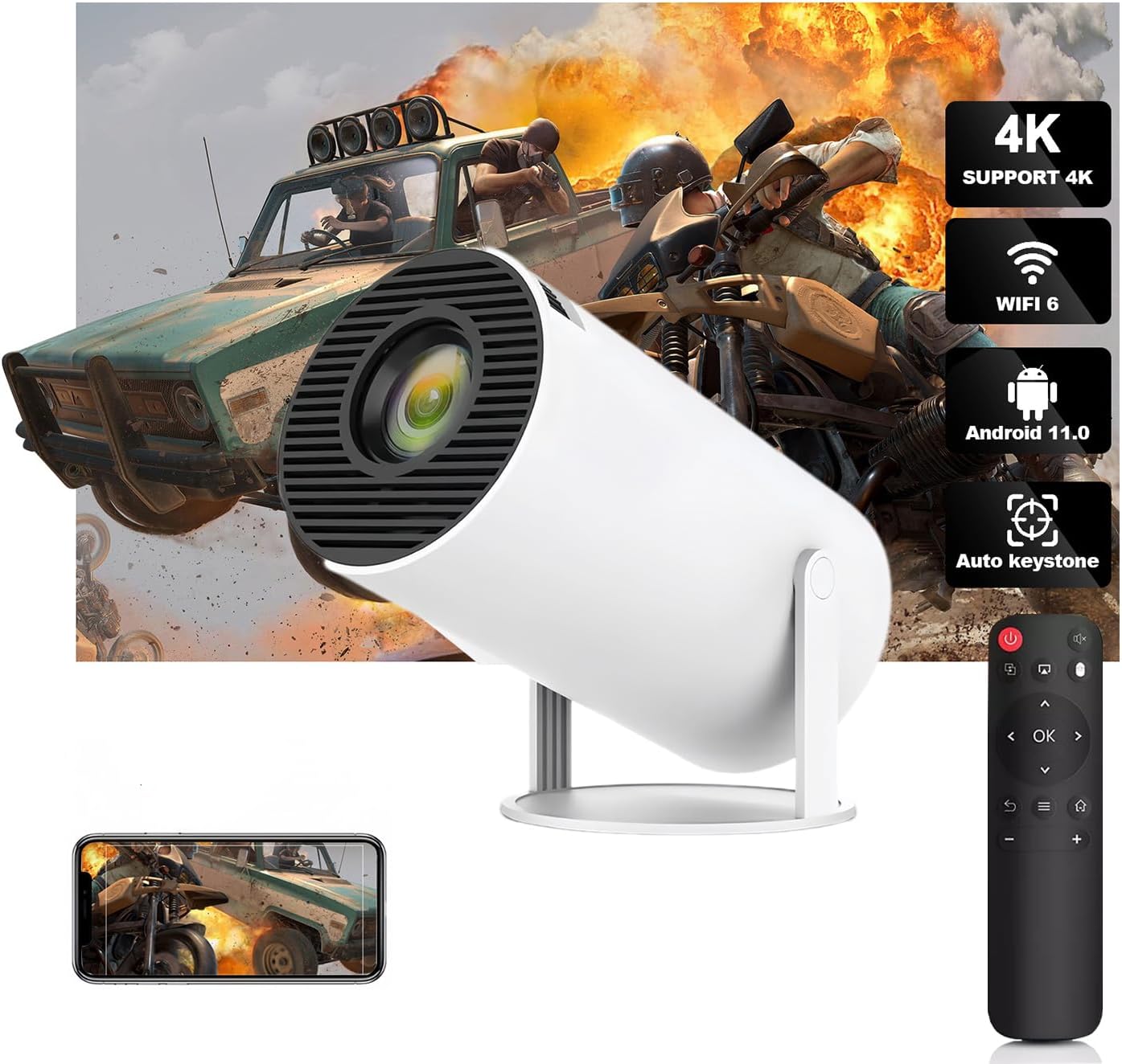 Mini Projector 4K Support, 1080P Portable Projector with 5G Wi-Fi 6, Bluetooth 5.0, Android 11, Auto Keystone, 180-Degree Rotatable, Outdoor Movie Projector