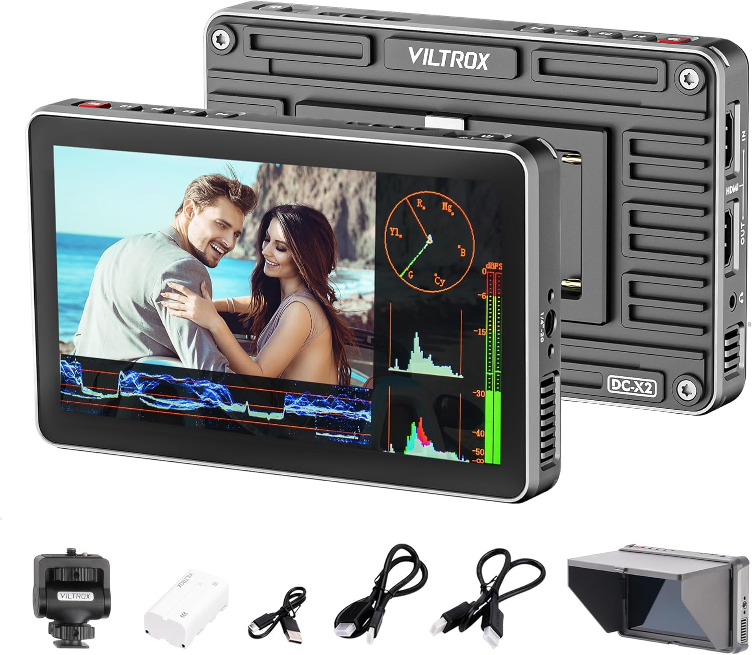 VILTROX DC-X2 2000Nits Video Field Monitor, 6 Inch Touchscreen 4K HDMI On Camera Monitor, Full HD 1920 x 1080 Video Monitoring 3D Lut, RGB Parade, Focus Peaking, with Sunshade Hood Battery