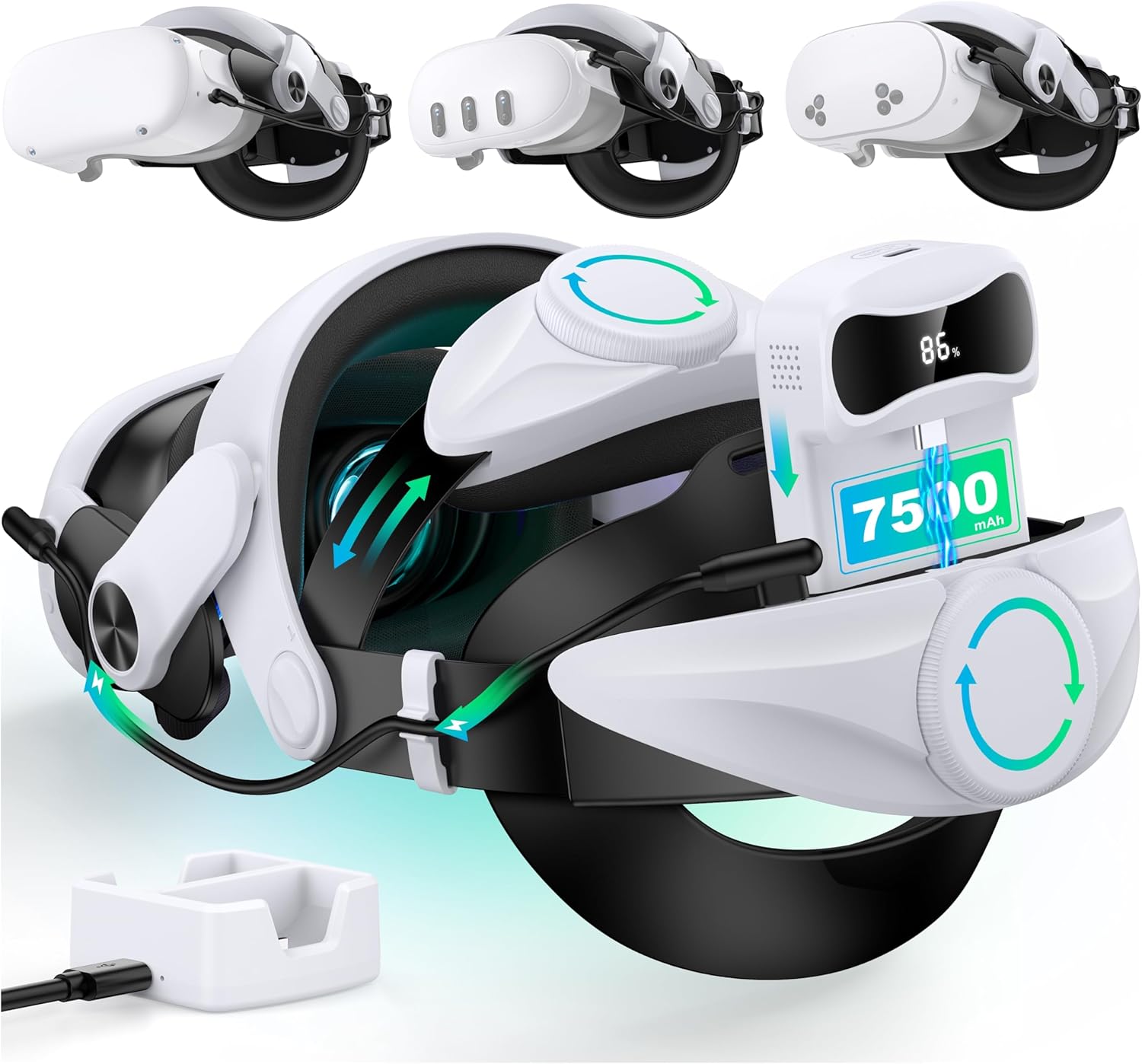 MQ Series Head Strap with Digital Display, Battery and Charging Station, Headband for Meta Quest 3S/3/2 with Double Adjustment Wheels, Extended Time, Comfort, Balanced