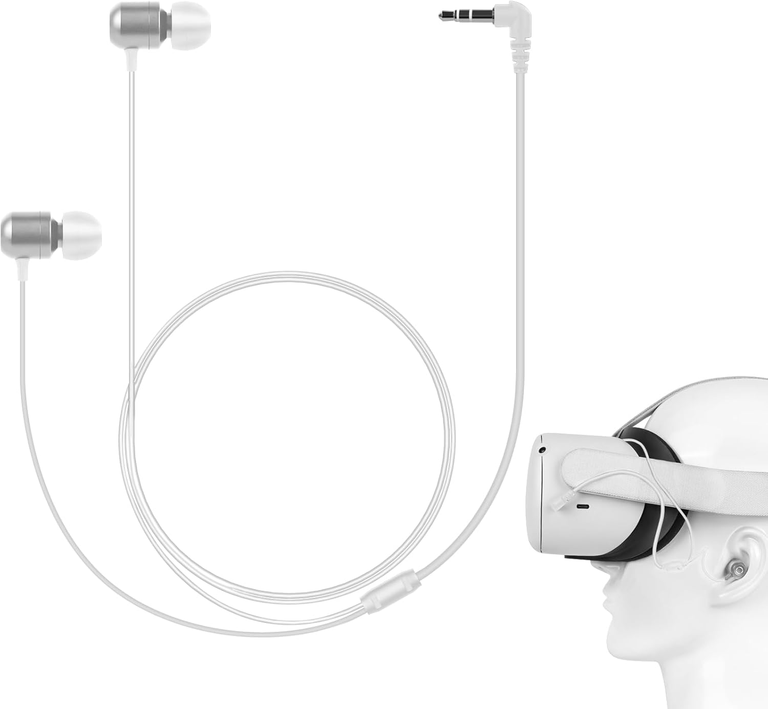 Geekria VR in-Ear Headphones Compatible with Meta Quest 2, Pico Neo 3, HTC Vive, Short Earbuds with S/M/L Size, 3.5 mm Aux 360 Degree Sound Earphone (White)