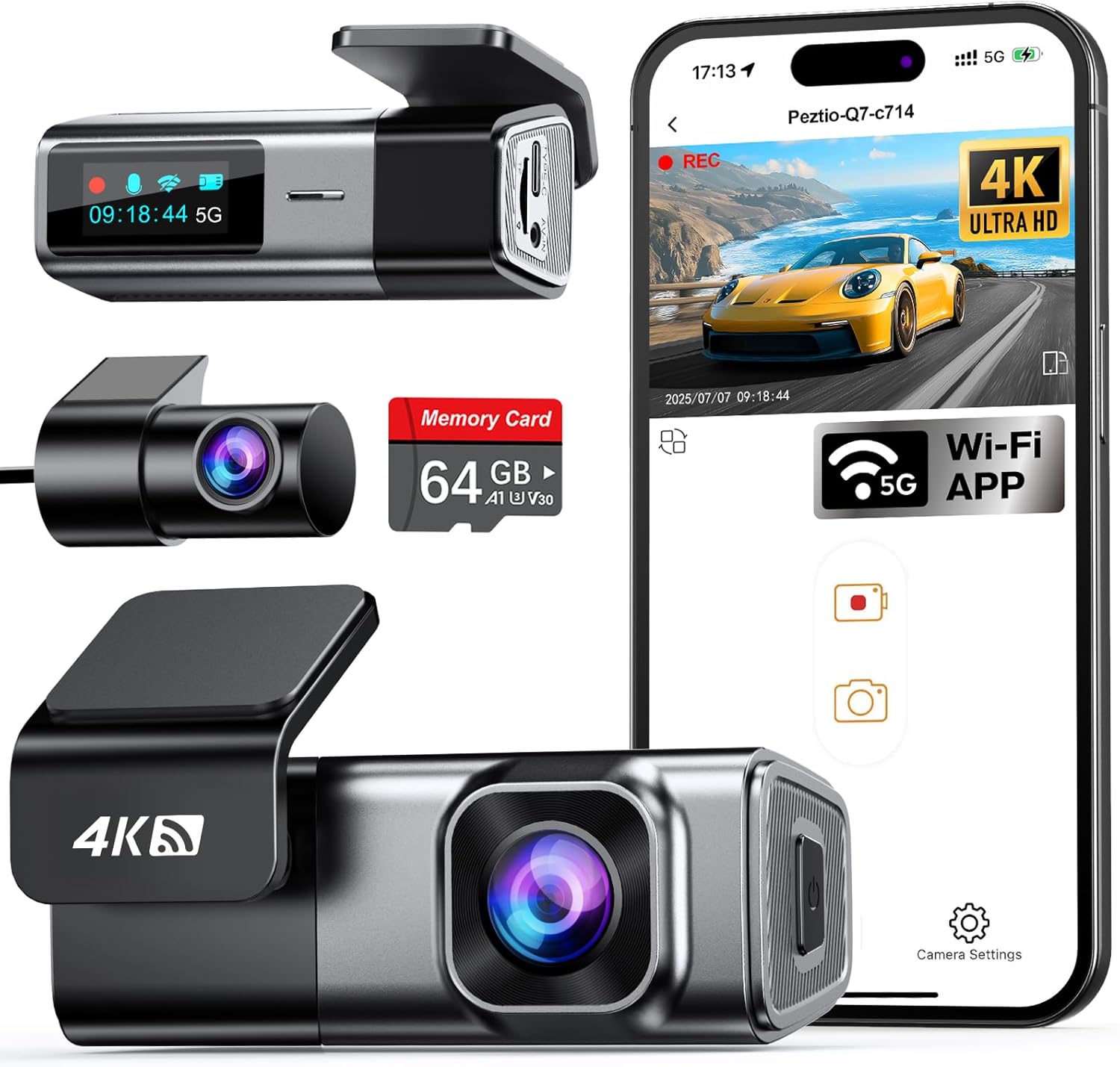 Navycrest 5G WiFi, Dash Cam Front and Rear 2.5K+1080P, Single Channel 4K-2160P, Free 64GB Card, Dash Camera for Cars, Car Camera, Dashcams for Cars Front and Rear, Gravity Sensor, 24H Parking Mode
