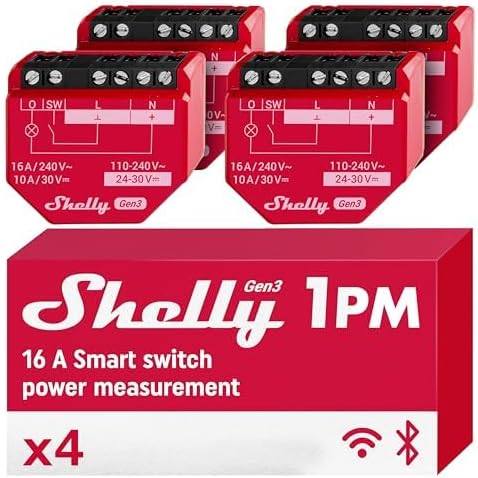 Shelly 1PM Gen3 WLAN Smart Relay Switch, Current Measurement, Electric Meter, 1 Channel, 16 A, Light Switch, Heating, Smart Home, Timer, Alexa & Google Home, No Hub Required (Pack of 4)