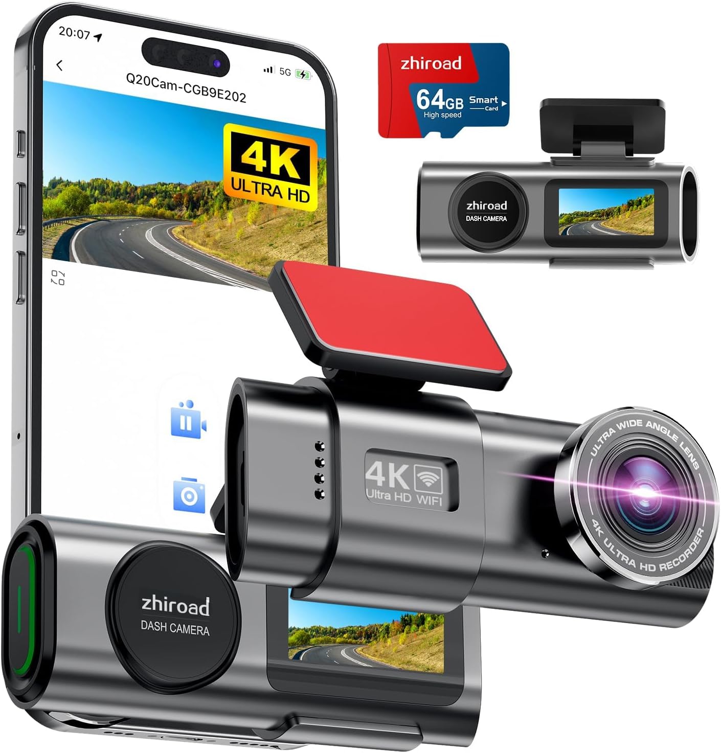 4K WiFi Dash Cam Car Front, App Control Car Dash Cam with 64G SD Card and Removable Holder, 1.47 Inch IPS Screen, 170° Super Wide Angle, Night Vision, WDR, G-Sensor, Loop Recording, 24H Parking