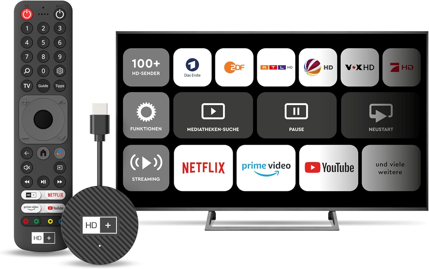 HD+ IP TV Stick, Internet TV for All TVs, 3 Months HD TV Included, Access to Netflix, YouTube, with HDMI, Wi-Fi/LAN and 4K