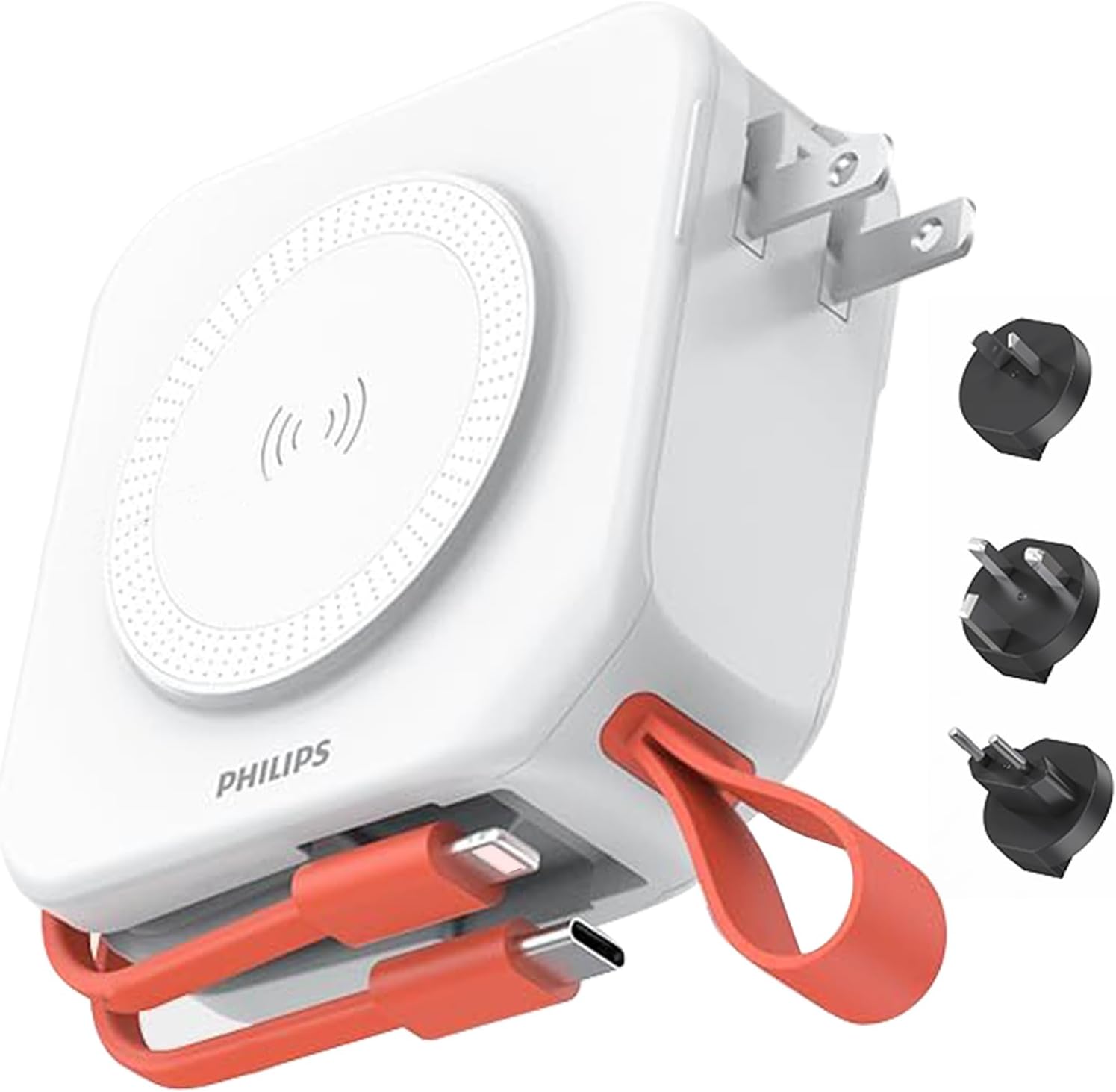 PHILIPS Power Bank Wireless 10000mAh 22.5W Powerbank Built-in Cable 10 in 1 Portable Battery Pack, Magnetic Universal Travel Fast Charging Adapter (UK,EU,AU) Compatible with MagSafe iPhone 17 (White)