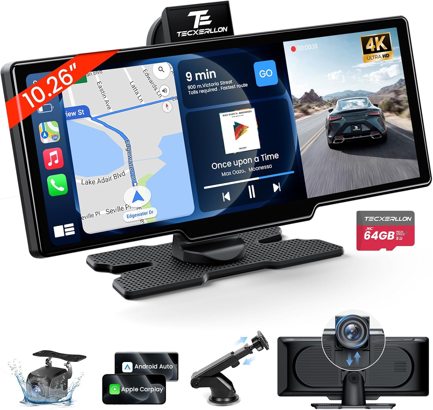 TECXERLLON 10.26'' Wireless Carplay & Android Auto, Apple Car play Screen with 4K Front & 1080P Rear Camera, Car Tablet Pro Max Touchscreen, 64G with GPS Navigation, Airplay, Mirror Link