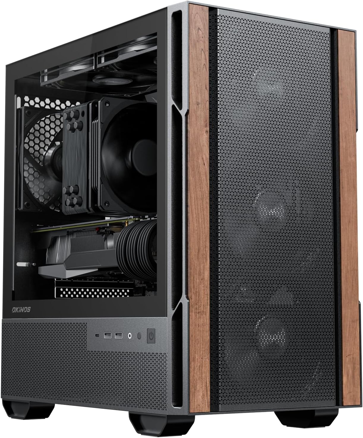 Okinos Genuine Walnut Wood Micro ATX Case, MATX PC Case with 4 × 120mm 3 Pin Non-PWM Case Fans Pre-Installed, Temper Glass Side Panel, with Type-C, Black, Cypress 3 Wood