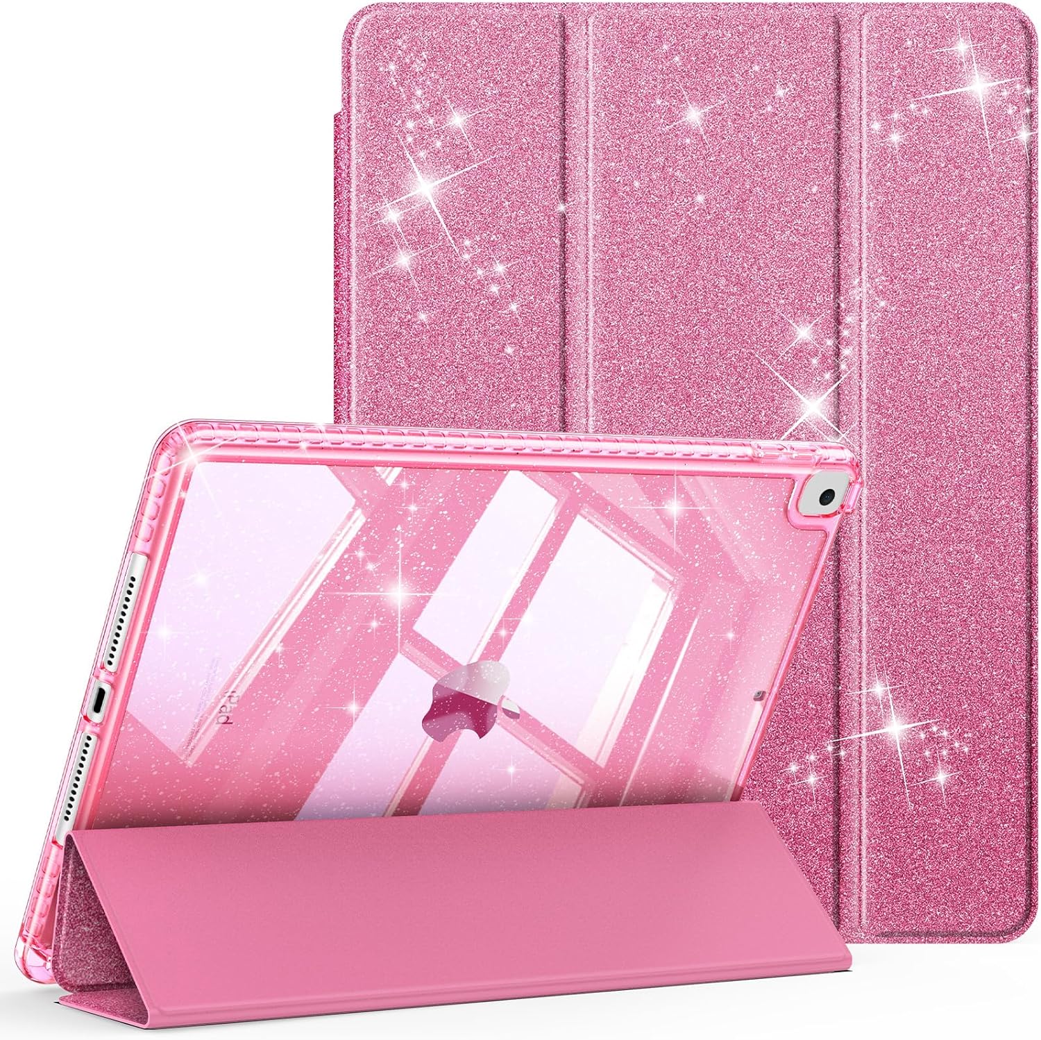 Fintie Slim Case for iPad 9th / 8th / 7th Generation (2021/2020 / 2019) 10.2 Inch - [Built-in Pencil Holder] Glittering Sparkly Shockproof Cover with Shiny Clear Back Shell, Auto Wake/Sleep, Pink
