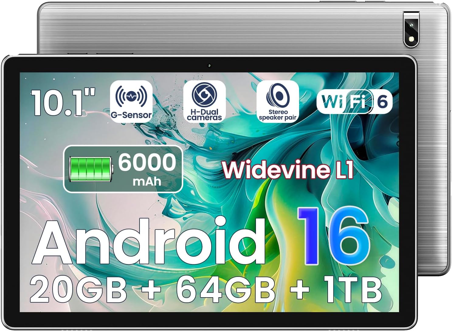 TPZ Tablet: Android 16 Tablet - 2026 Android 16 Latest 10.1 Inch 20GB + 64GB +1TB Expansion, 6000mAh Battery, Wi-Fi 6, 2MP + 8MP Dual Camera, WiFi6+BT5.4, Widevine L1, Type-C, OMS, Grey