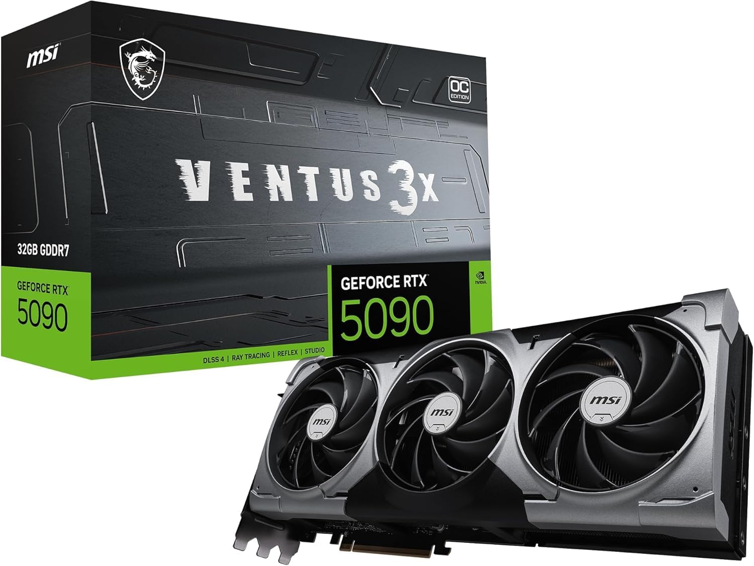 MSI GeForce RTX 5090 32G Ventus 3X OC — 32GB GDDR7 (28Gbps/512-bit), PCIe 5.0, Boost 2437MHz, HDMI 2.1b, DisplayPort 2.1b